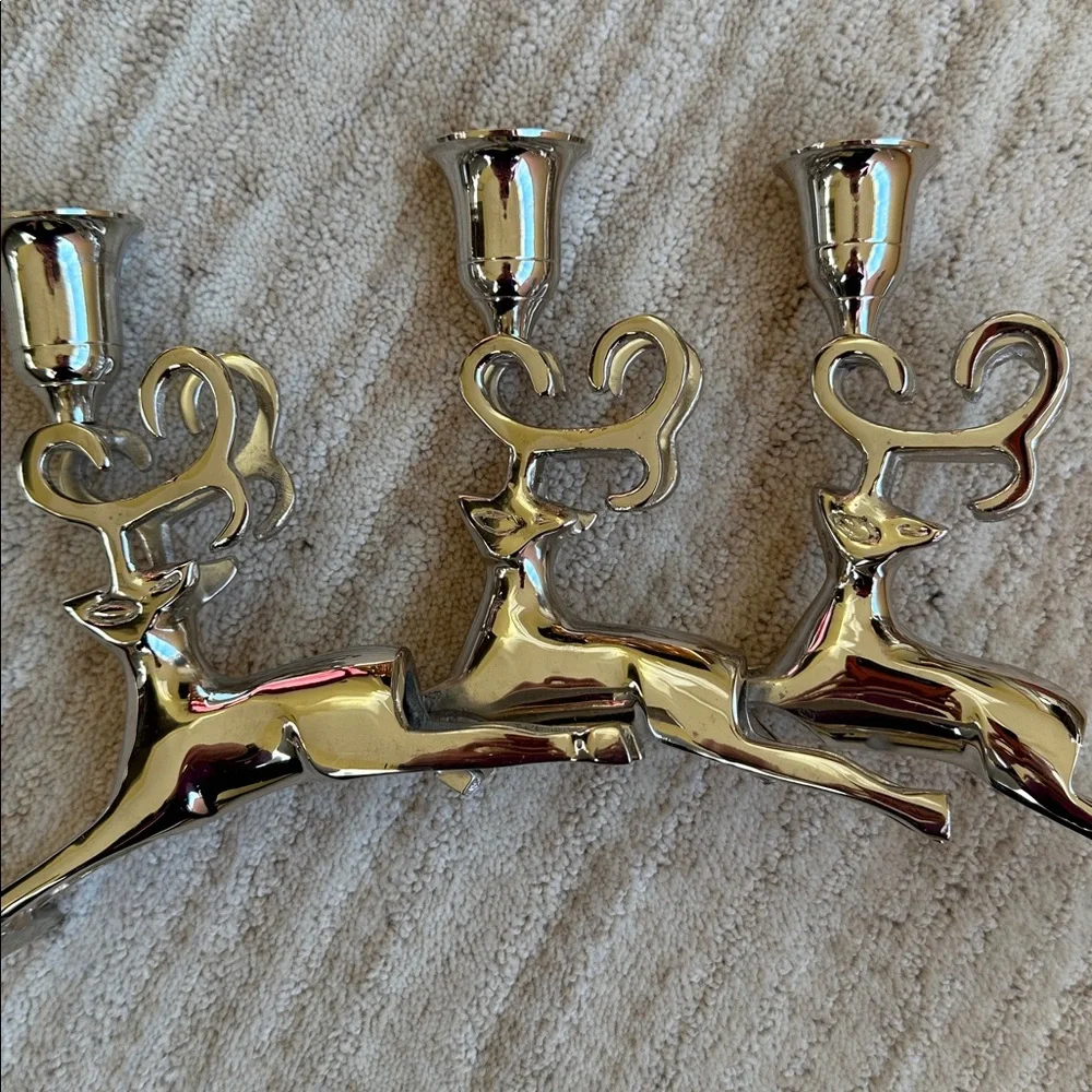 Like New: Christmas Chrome Silver Reindeer Candle Holder Trio Mantle Centerpiece